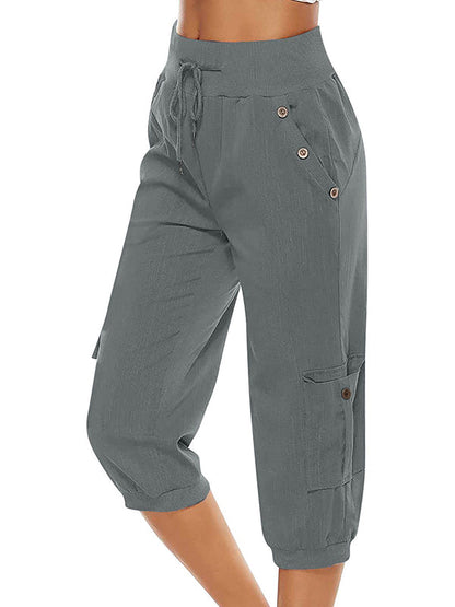 Women's Drawstring Cargo Pants Elastic Waist Casual Capri