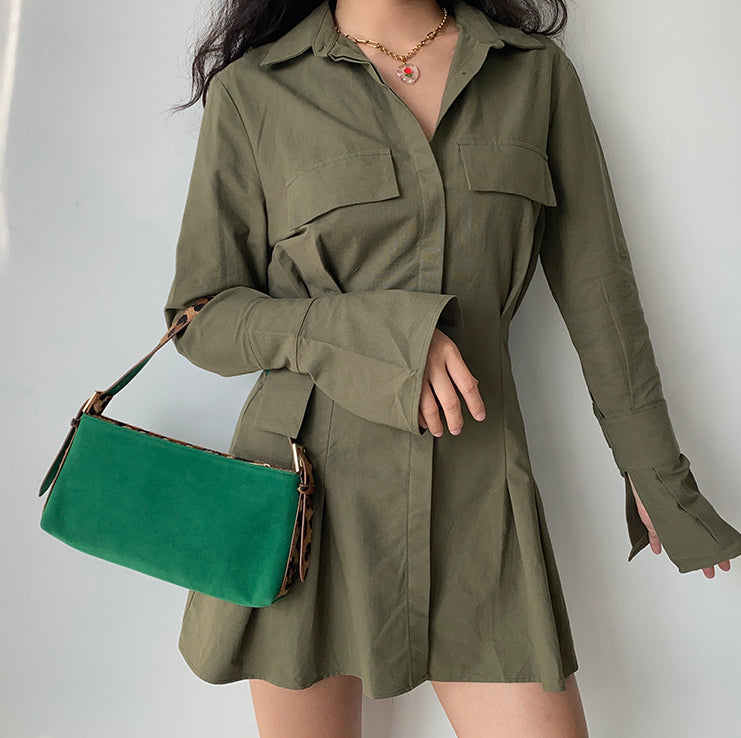 Trumpet Sleeve Button Up Dress