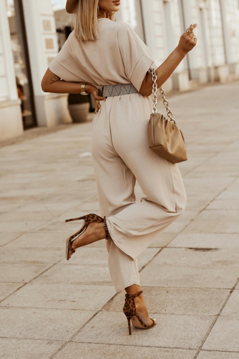 Casual Solid Patchwork V Neck Straight Jumpsuits