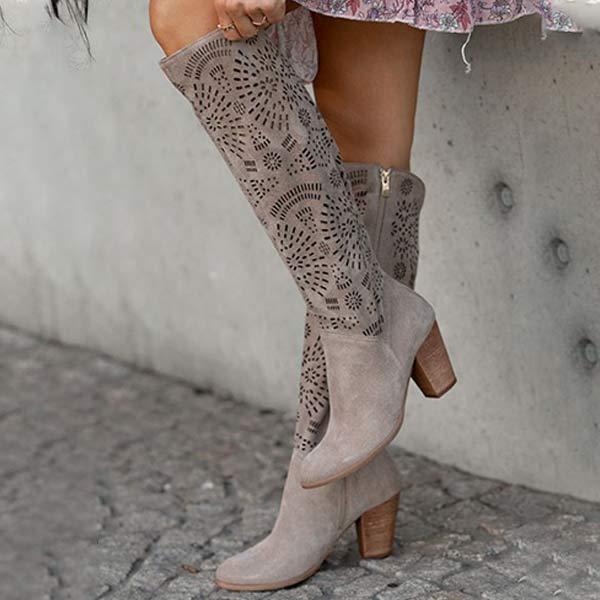 Women's High Heel Burnished Floral Side Zipper Suede Knee-high Boots 54686973C