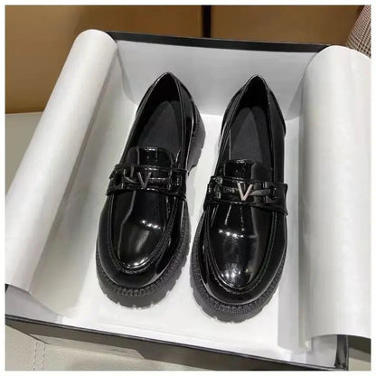 British Vintage Inspired Patent Leather Buckle Chic Solid Slip-On Loafers