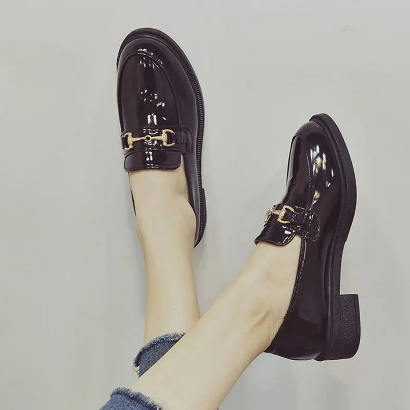 British Vintage Inspired Patent Leather Buckle Chic Solid Slip-On Loafers