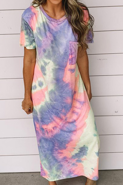 Fashion Patchwork Tie-dye O Neck Straight Dresses