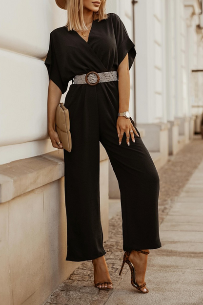 Casual Solid Patchwork V Neck Straight Jumpsuits