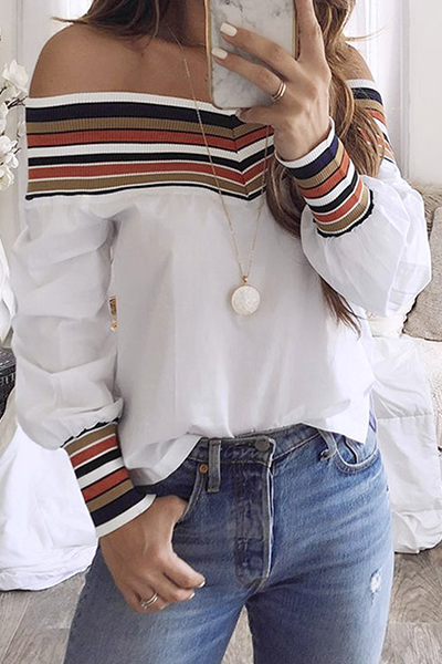 Casual Striped Patchwork Off the Shoulder Tops