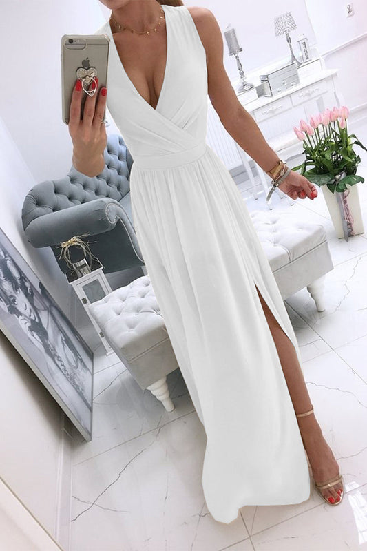 Sexy Simplicity Solid Slit V Neck Princess Dresses