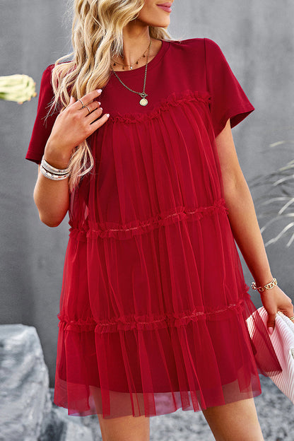 Sweet Elegant Solid Mesh O Neck Short Sleeve Dress