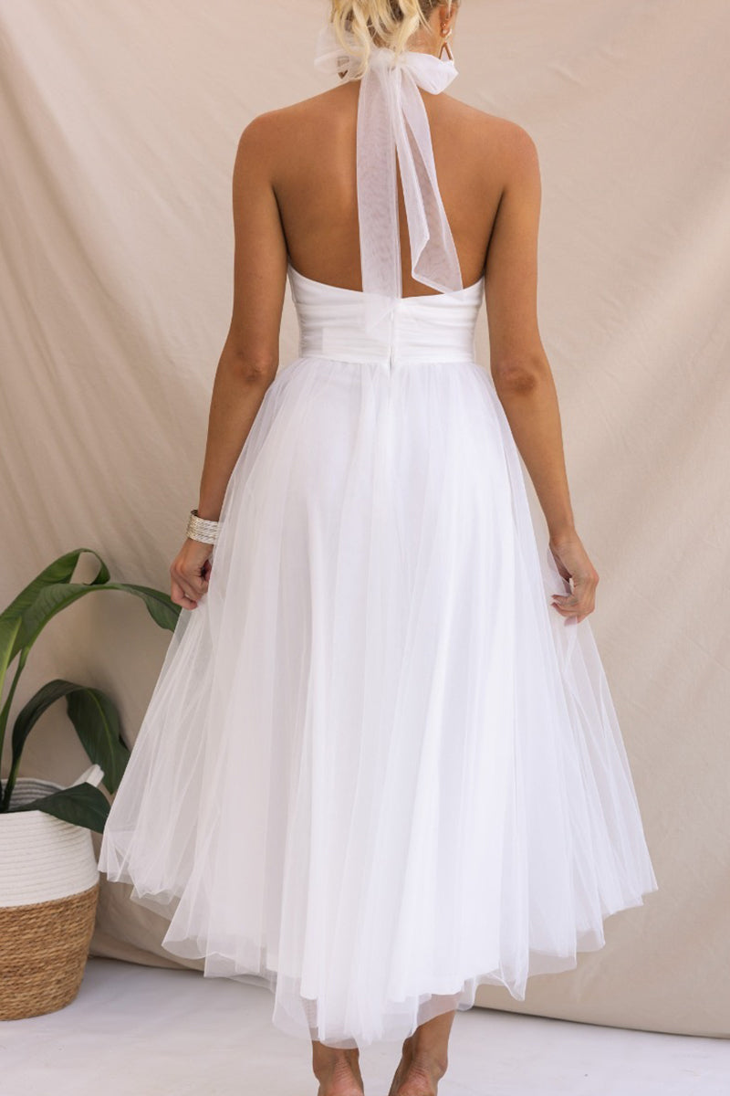 Sweet Elegant Solid Backless Halter A Line Dresses