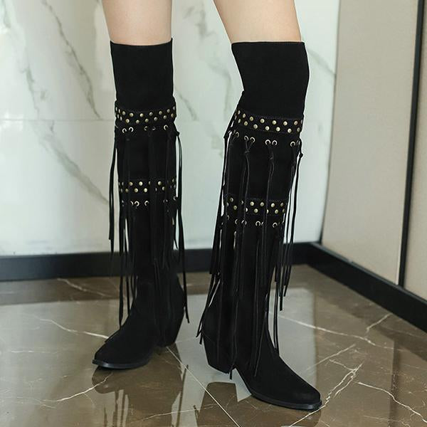 Women's Fashion Stud Tassel Chunky Heel Over-the-Knee Boots 25590507S