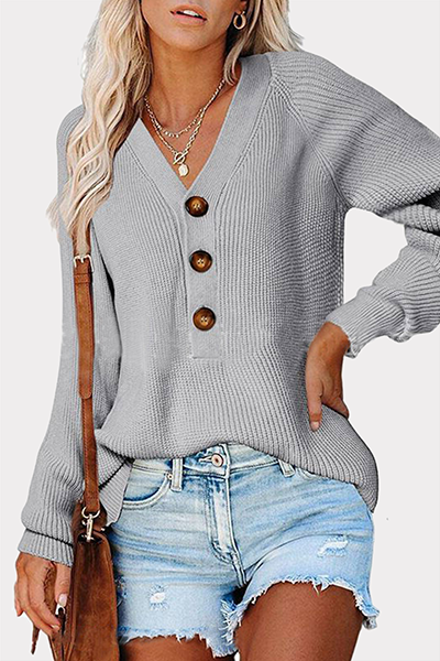 Casual Solid Split Joint Buckle V Neck Tops