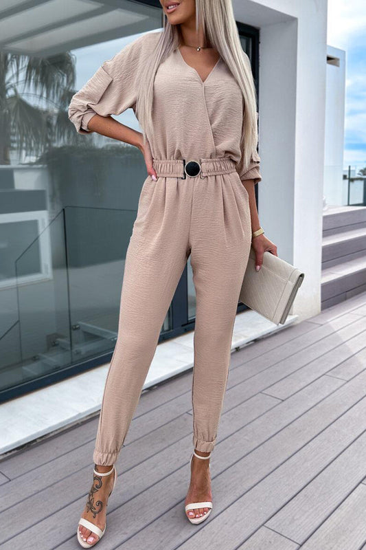 Sweet Simplicity Solid Pocket With Belt V Neck Regular Jumpsuits