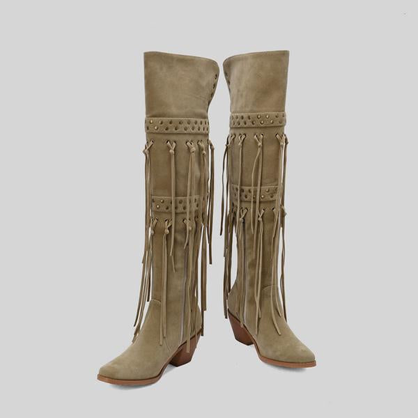 Women's Fashion Stud Tassel Chunky Heel Over-the-Knee Boots 25590507S