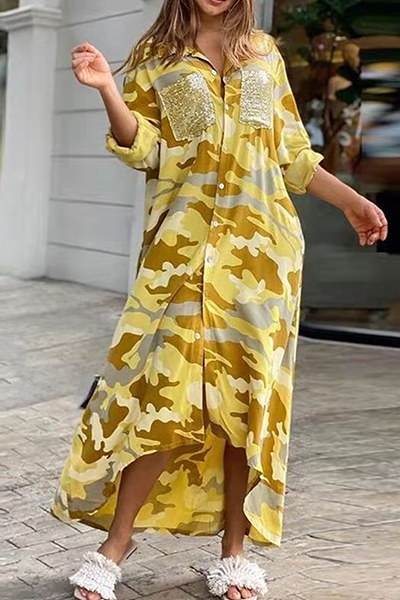 Casual Print Camouflage Print Sequins Buckle Turndown Collar Shirt Dress Dresses