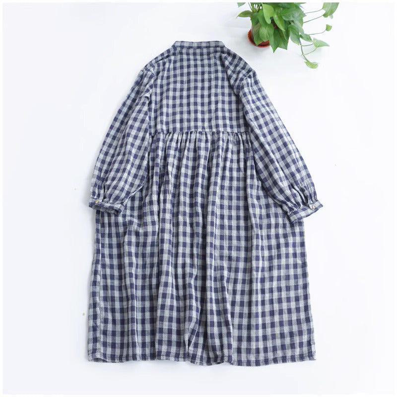 Turtleneck Check Cotton Midi Dress