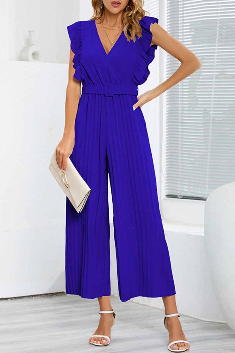 Casual Simplicity Solid With Belt V Neck Regular Jumpsuits