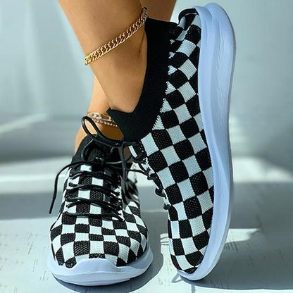 Argyle Pattern Knit Lace-Up Casual Sneakers