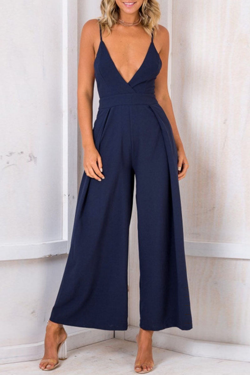 Fashion Solid Backless V Neck Loose Jumpsuits(3 colors)