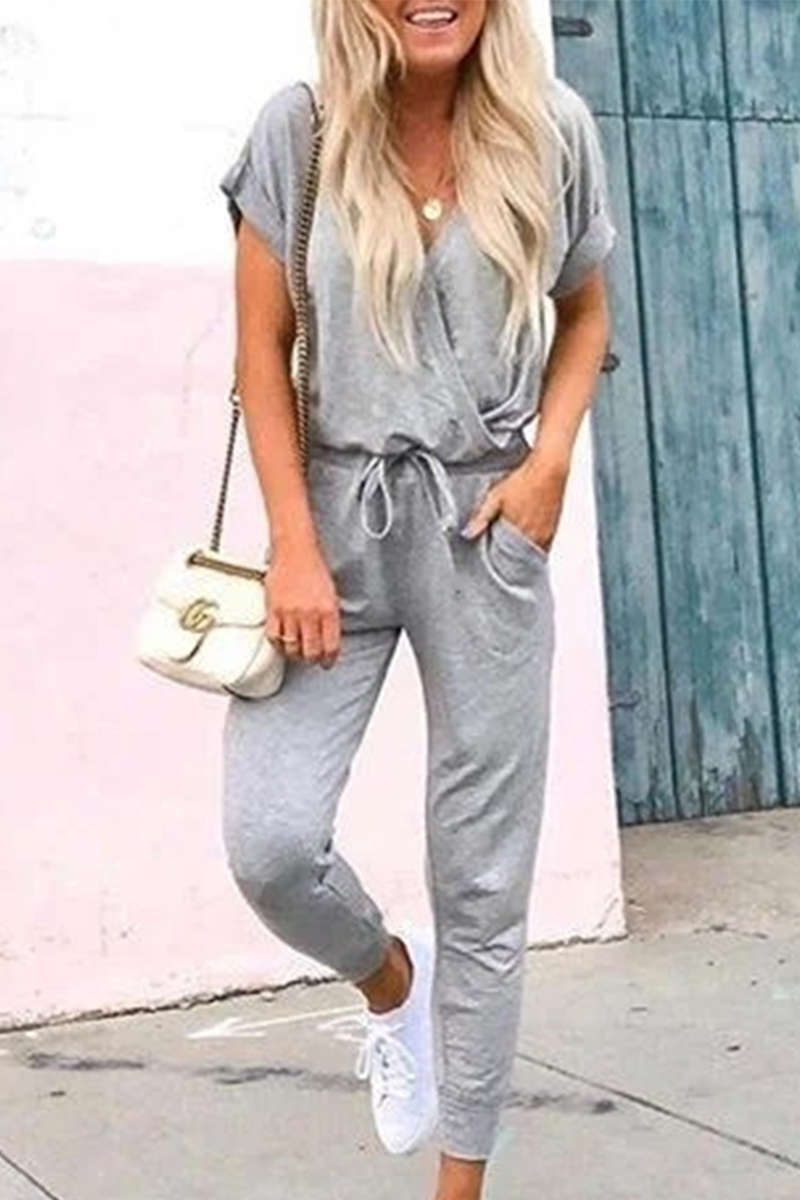 Casual Solid Bandage V Neck Regular Jumpsuits