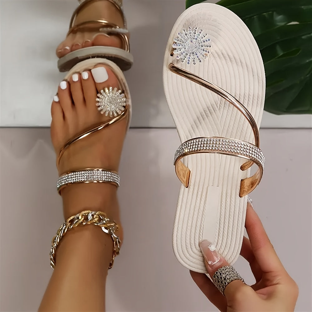 Women's Flower Rhinestone Flat Flip Flops