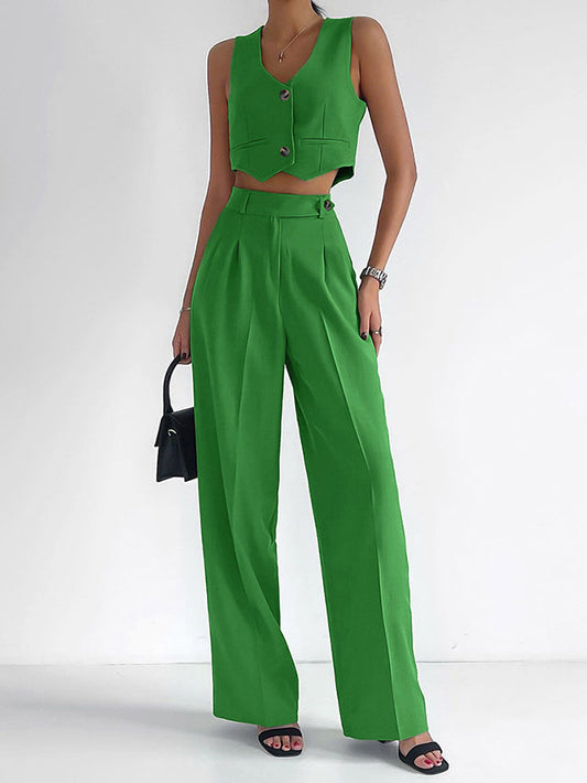Ladies Loose Sleeveless V-Neck Button Two-Piece Suit
