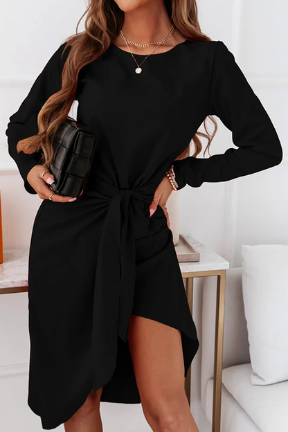 Fashion Elegant With Belt Asymmetrical O Neck Long Sleeve Dresses(3 Colors)