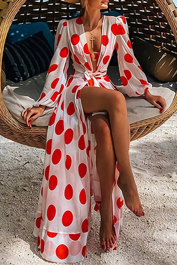 Elegant Polka Dot Split Joint With Belt V Neck Dresses