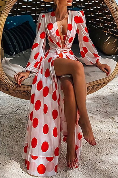 Elegant Polka Dot Split Joint With Belt V Neck Dresses