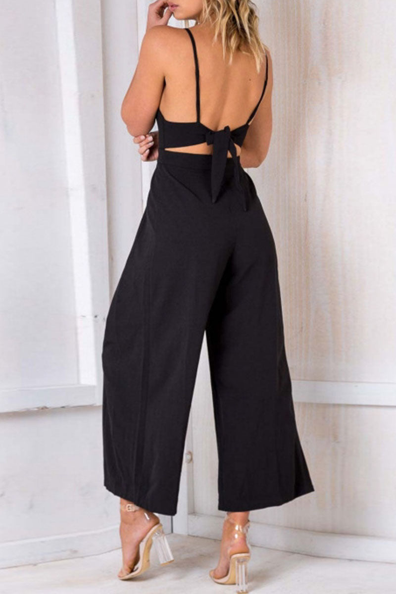 Fashion Solid Backless V Neck Loose Jumpsuits(3 colors)