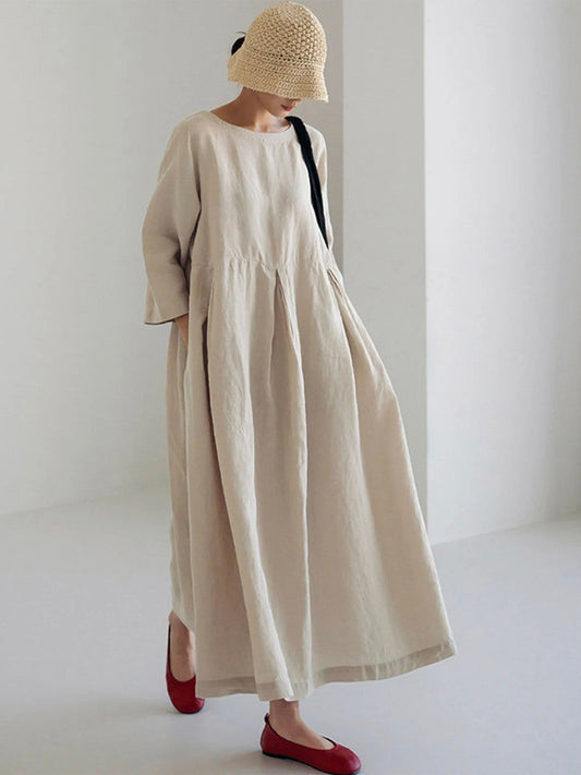 Loose Cotton and Linen Dress With Side Pockets