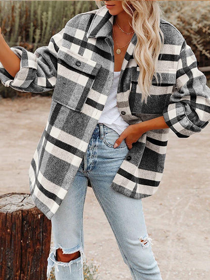 Plaid Button Long Sleeve Shacket