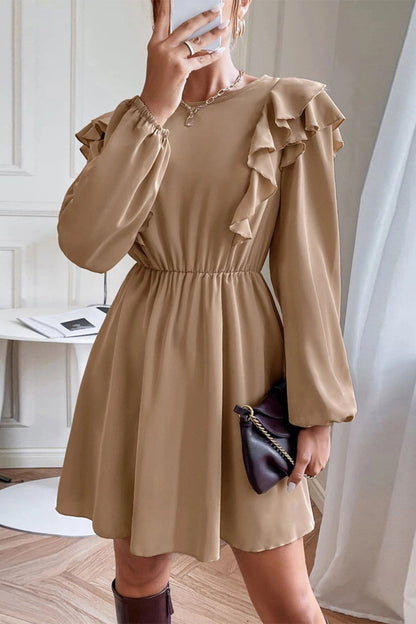 Elegant Solid Patchwork Flounce Without Belt O Neck A Line Dresses