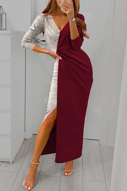 Sexy Solid Sequins V Neck Irregular Dress Dresses