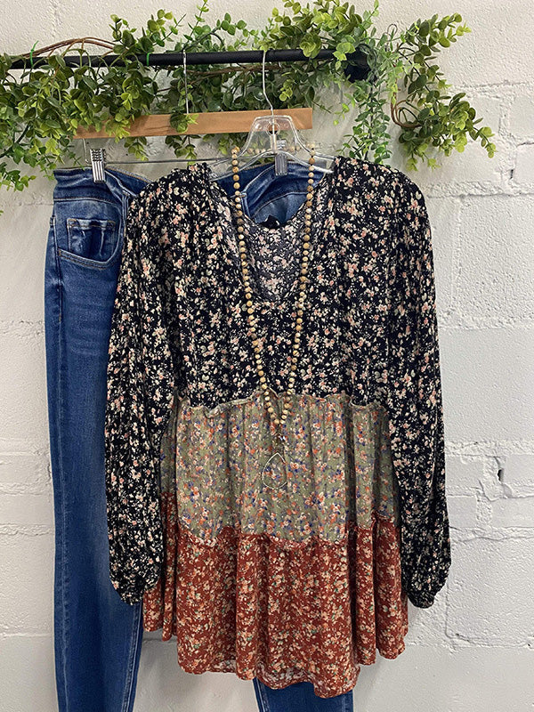 Loose Fitting Western Floral Print Long Sleeve Top