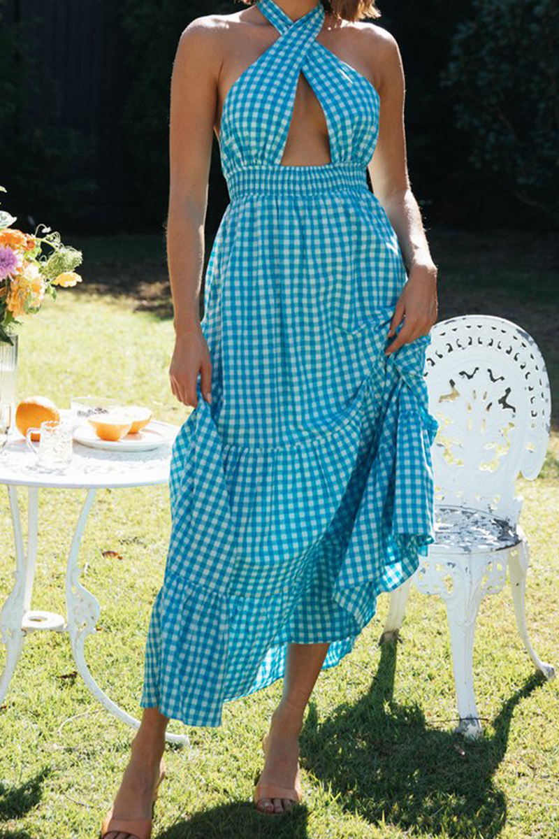 Casual Plaid Hollowed Out Halter Cake Skirt Dresses