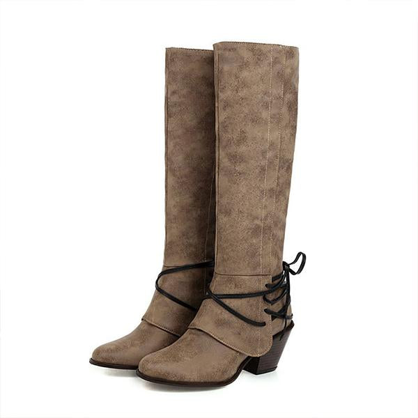 Women's Fashion Lace Up Chunky Heel Knee High Rider Boots 96479483S