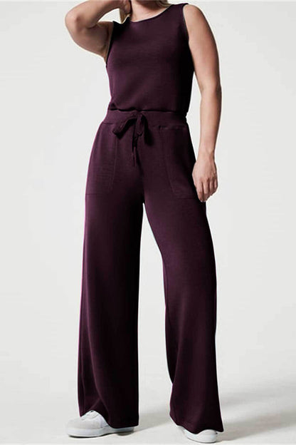 Casual Simplicity Solid Pocket O Neck Loose Jumpsuits