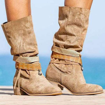 Women's Chunky Heel Round Toe Fringed Knee-High Boots 83774032C