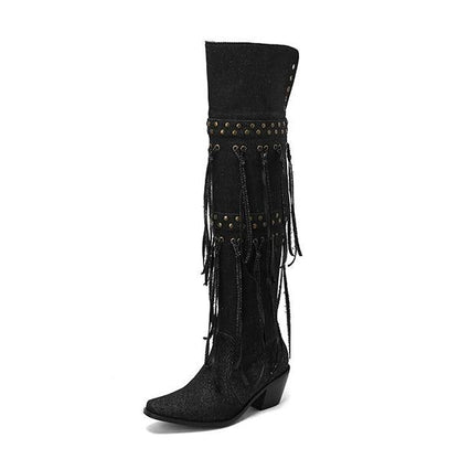 Women's Fashion Stud Tassel Chunky Heel Over-the-Knee Boots 25590507S