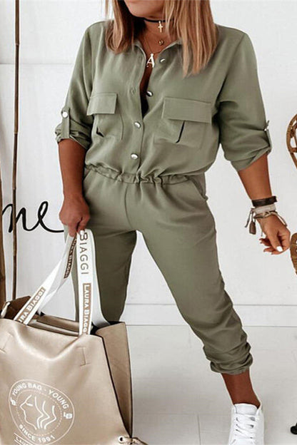 Casual Solid Frenulum Turndown Collar Regular Jumpsuits