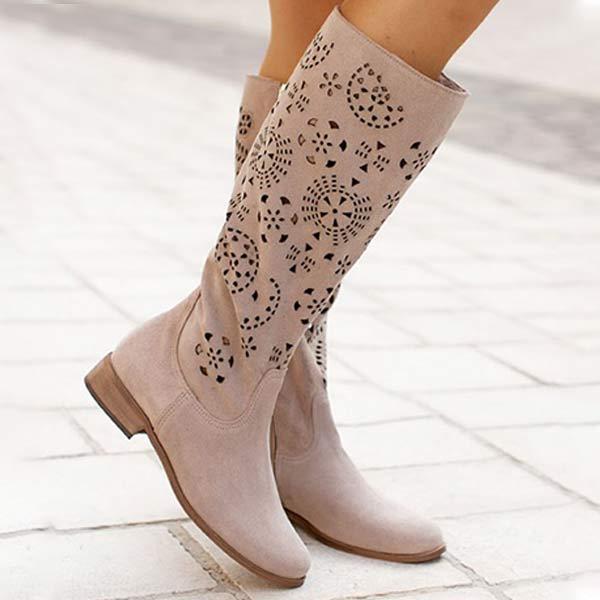 Women's Comfortable Low Heel Embossed Suede High-Calf Boots 49428193C