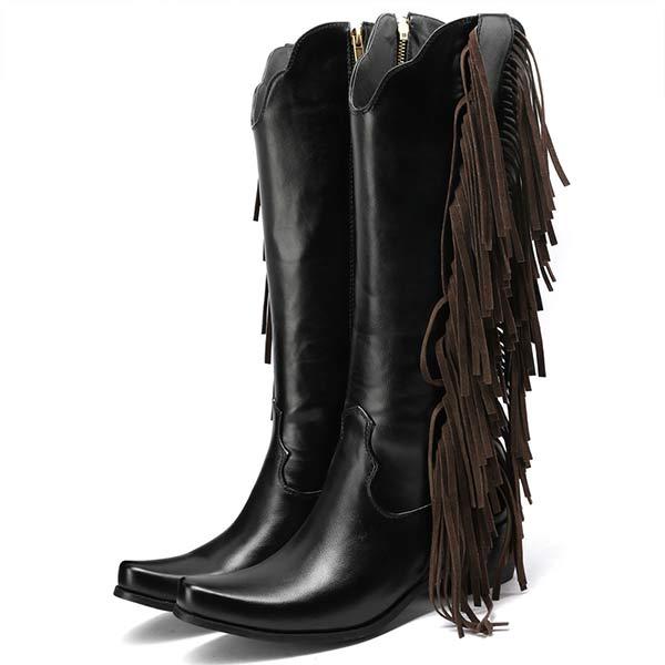 Women's Mid Heel High Boots But Not Knee Chunky Heel Fringed Boots 25406999C