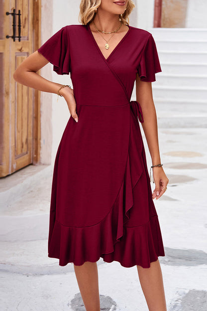 Elegant Simplicity Solid Frenulum Asymmetrical V Neck Irregular Dress Dresses