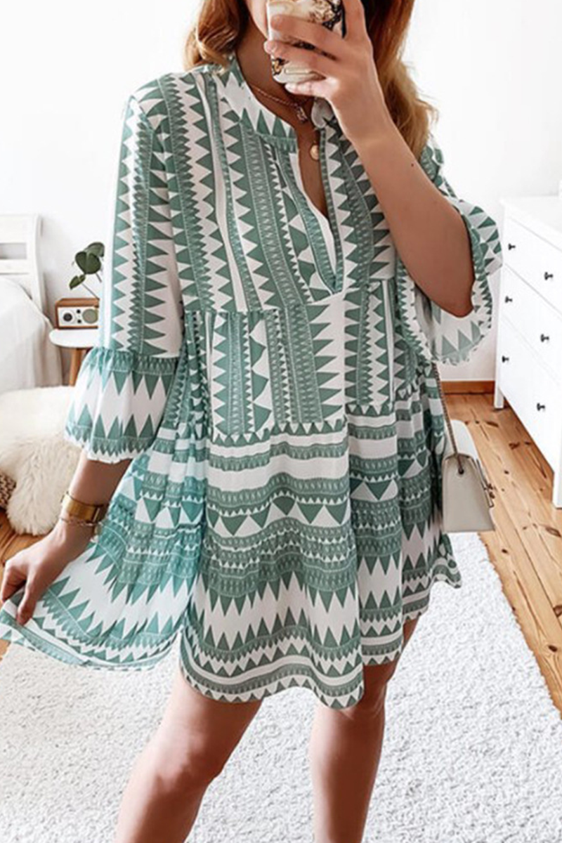 Casual Print Split Joint V Neck Cake Skirt Dresses