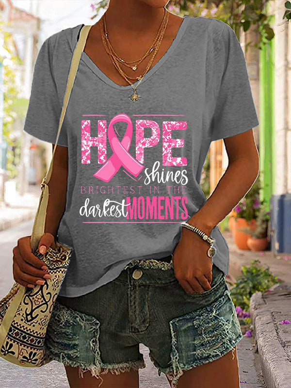 Hope Shines Pink Ribbon V-neck Short Sleeve T-shirt