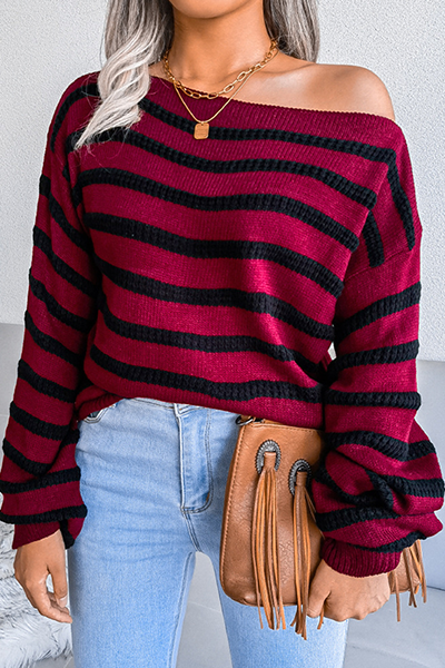 Casual Striped Split Joint  Contrast Off the Shoulder Tops