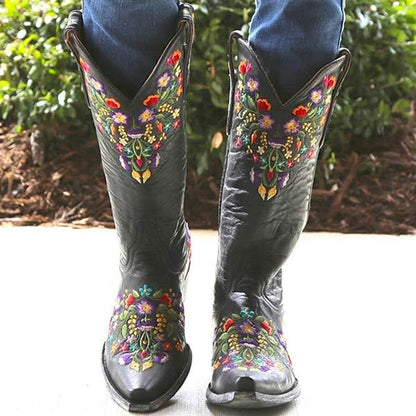 Women's Embroidered Mid-Heel Low-Calf Slip-on Boots 76962456C