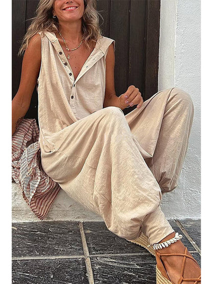 Women's Half Button Hooded Sleeveless Jumpsuit