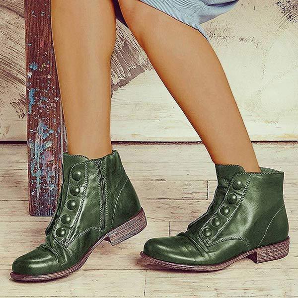 Women'S Low Heel Cropped Side Zipper Button Motorcycle Boots 49933806C