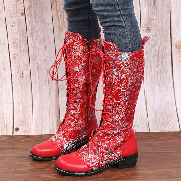 Women'S Ethnic Print Lace Up Side Zip Boots 96837984