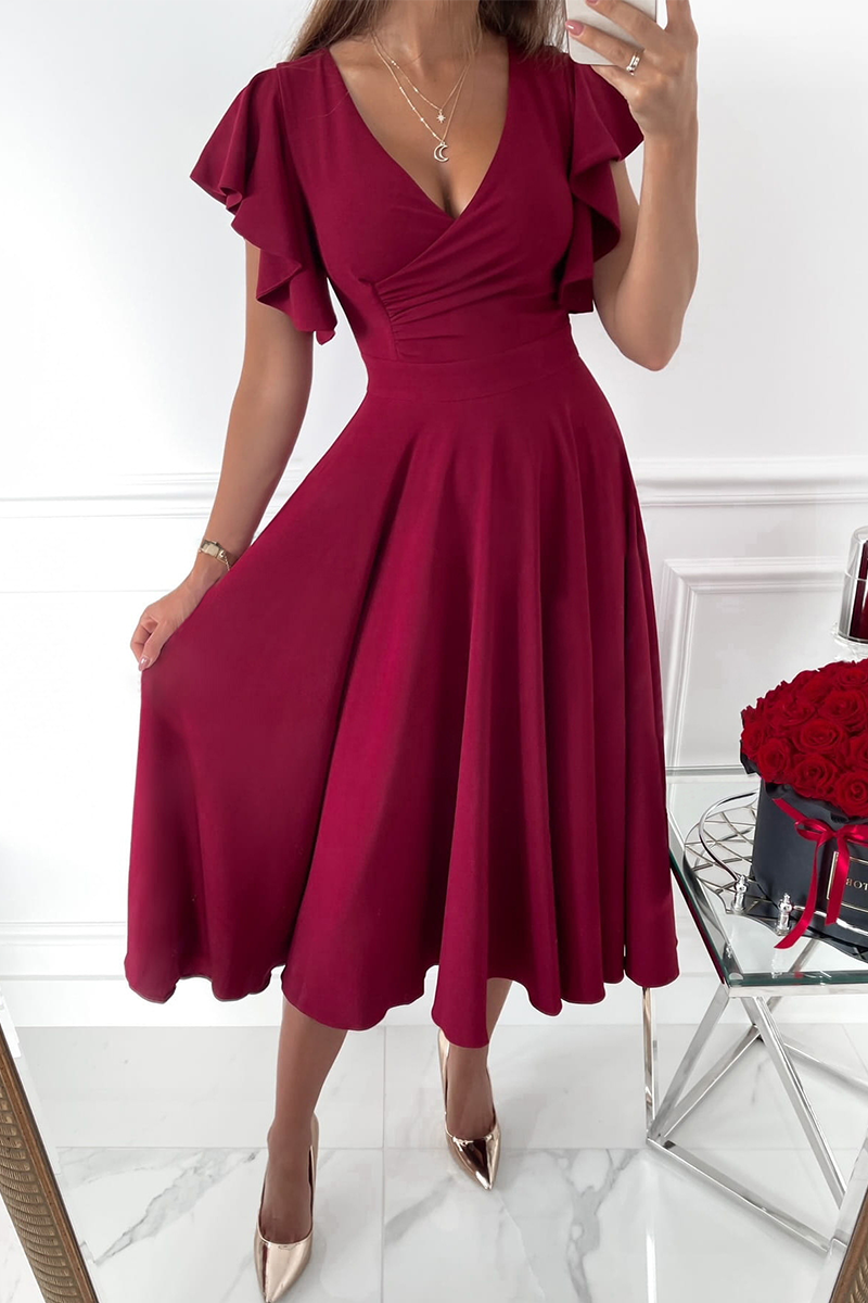 Casual Solid Flounce V Neck Cake Skirt Dresses(3 colors)